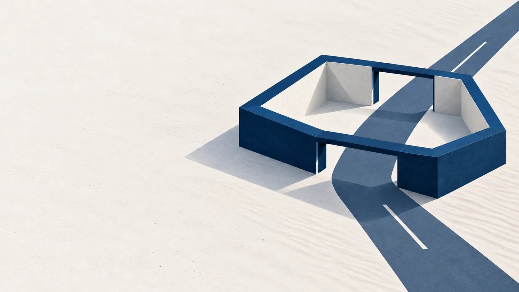A navy hexagonal open-walled fort on pale sand, with a road running through it